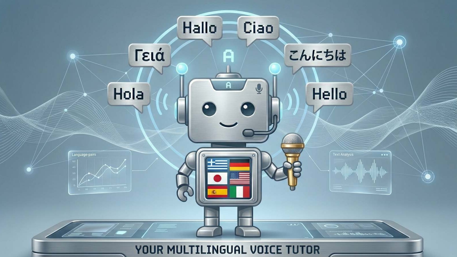 Language Practice AI mascot — a friendly robot holding a microphone, with the Greek, German, Italian, Japanese, Spanish, and US flags on its chest and greetings in all six languages